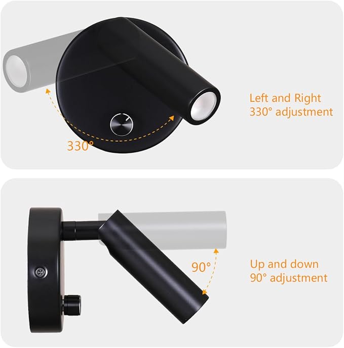 Surface Wall Mounted Reading Light Sconces Lamp Physical Knob Dimmer Switch LED 5W Warm White 3000K (Black Hardwire)