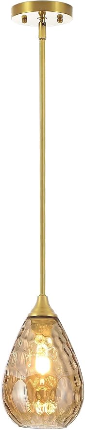 Glass Pendant Lights Kitchen Island, 1-Light Modern Brushed Gold Pendant Light Fixtures with Hammered Amber Glass and Rods, Small Hanging Light for Kitchen Sink Dining Room Bathroom