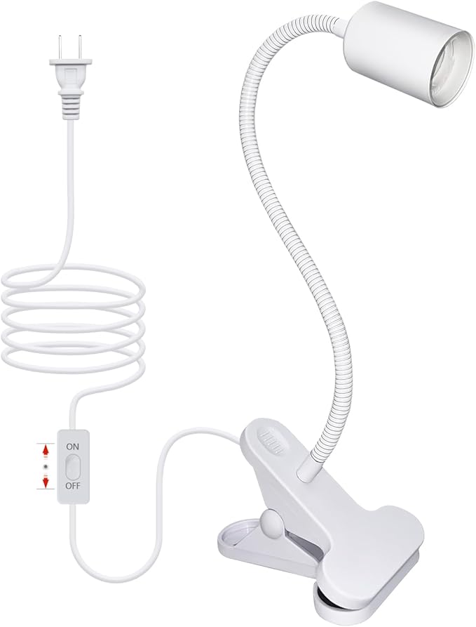 Desk Clip Lamp Holder, 240CM Cord Clip Desk Lamp Socket E26 E27 Clamp Light Socket with 9mm Thick Metal Tube Clip Reading Lamp for Office Clip On Grow Lights for Home Lighting, White(No Bulb)