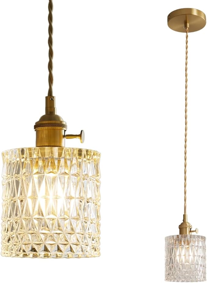 Mini Pendant Light Fixture - Brass Hanging Lamp for Kitchen Island, Bedroom, Entryway, Hallway