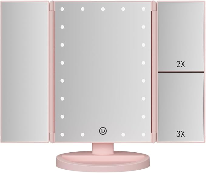 Infitrans Trifold Makeup Mirror Vanity Mirror with Lights,1X 2X 3X Magnification,Touch Control,Adjustable Rotation,Dual Power Supply,Portable Travel Cosmetic Mirror,Birthday Gifts for Women,Teengirls