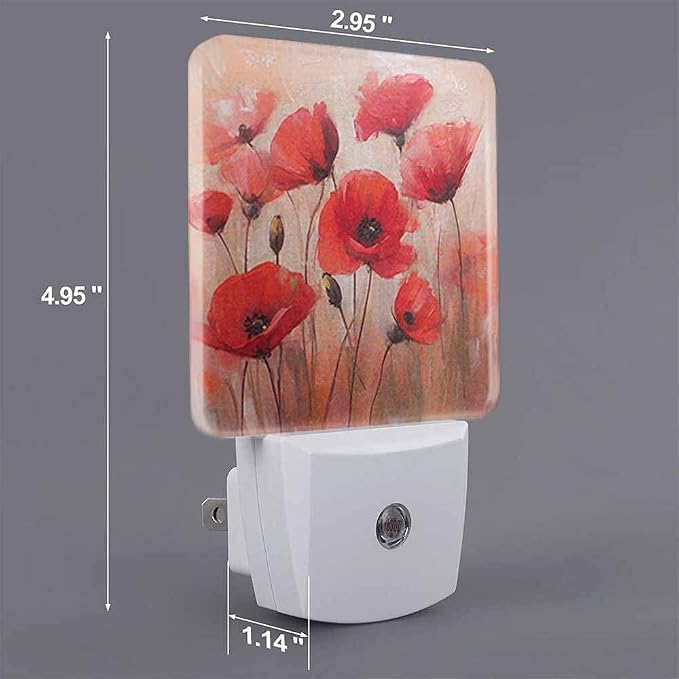 Poppy LED Night Lights Plug into Wall Red 0.5W Plug in Night Light, Dusk to Dawn, Bright Nightlight Auto On/Off, for Room Bedroom Bathroom