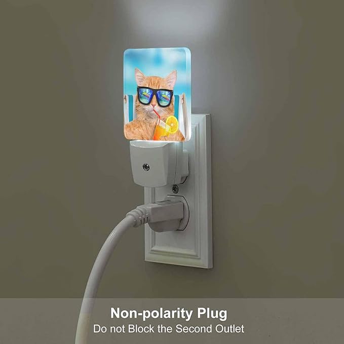 LED Night Light,Funny Cat Sunglasses Relaxing Vacation On Blue Sea LED Night Light Plug into Wall with Dusk to Dawn Light Sensor White Energy Efficient Nightlight for Bedroom Living Room Kitchen