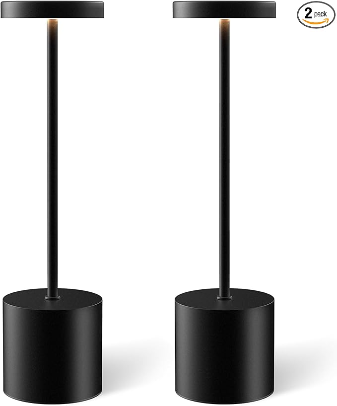 Cordless Table Lamp Set of 2, Rechargeable 5000mAh Battery Operated Outdoor Table Lamps, Portable LED Desk Lamp, 3 Color Dimmable Table Light for Restaurant, Patio, Bedroom, Bedside Night Lamp(Black)