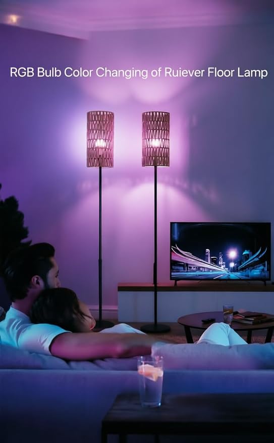 Ruiever 2 Pack Smart Floor Lamp for Living Room,Gaming - Remote, Timer Floor lamp with Remote, APP Control & RGB Standing lamp with Hand-Worked Rattan Shade Bluetooth Bulb Included