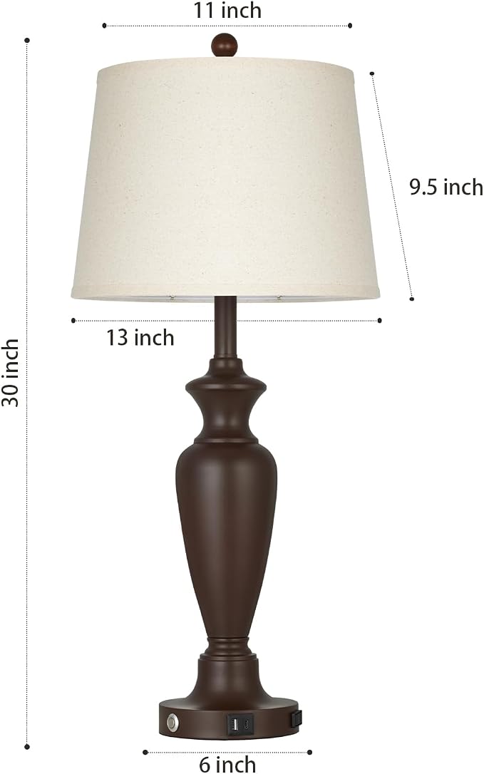 Cinyirong 30" Tall Brown Table Lamp for Living Room, 3-Way Dimmable Touch Control Bedside Lamp for Bedroom Nightstand with USB A+C Ports & AC Outlet (1 Pack)