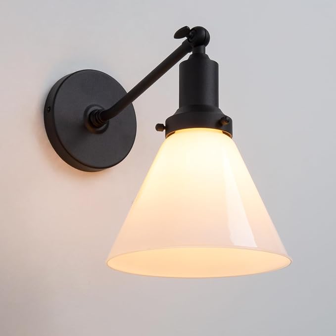 Industrial Vintage Slope Pole Wall Mount Single Sconce with Funnel Flared Milk White Glass Shade Matte Black Wall Sconce Light Lamp Fixture