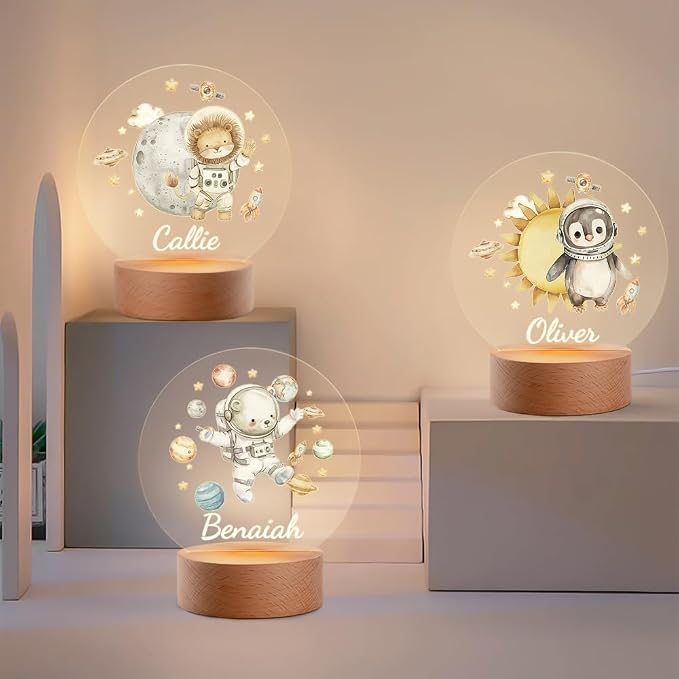 Custom Animal Astronauts Night Light, Personalized Cute LED Light for Kids with Name and Wooden Base Nursery Decor