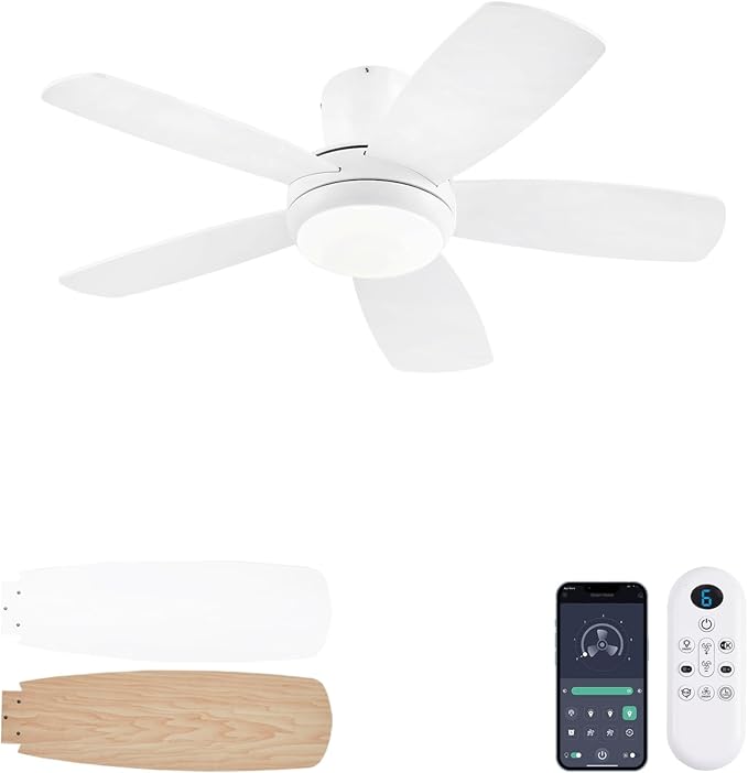 KNUN 42 Inch Ceiling Fan with Light and Remote/App Control, Low Profile Ceiling Fans with Lights,Flush Mount, Double-sided Blades, 3CCT, Dimmable, Noiseless, white Ceiling Fan for Indoor/Outdoor Use