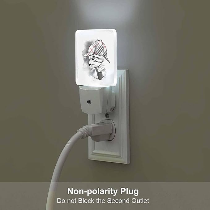 LED Night Light,Cat Checkered Deerstalker Pipe LED Night Light Plug into Wall with Dusk to Dawn Light Sensor White Energy Efficient Nightlight for Bedroom Bathroom Hallway Living Room Kitchen