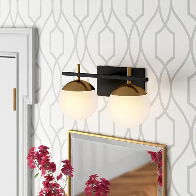 Mid Century 2-Light Bathroom Vanity Light Over Mirror, Black and Gold Modern Bathroom Light Fixtures with Milky White Frosted Glass Globe Shade, Wall Sconces for Bathroom, Stairs, Kitchen