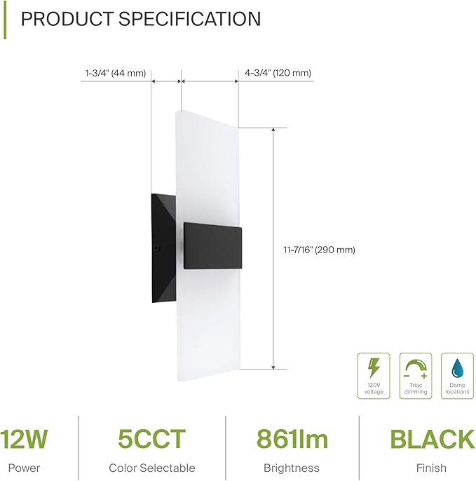 ASD 12 Inch Indoor LED Wall Sconce - 12W 2700K-5000K Dimmable Black Wall Sconce Lights for Living Room, Bedroom, Bathroom, Hallway - Modern Wall Sconces Hardwired, UL Interior Light