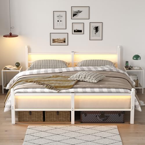 CollaredEagle Bed Frame with Headboard and Footboard, Metal Bed Frame with Charging Station and LED Lights, Under Bed Storage, No Box Spring Needed,Noise Free, Black (White, King (U.S. Standard))