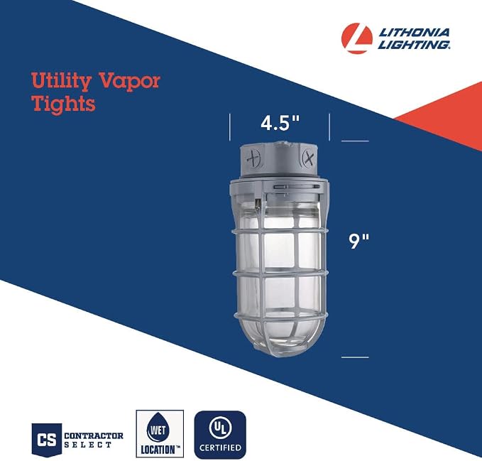 Lithonia Lighting Incandescent Vapor Tight Jelly Jar Light 150W 120V Grey | Utility Ceiling Lamp, Industrial Style Wall Light for Indoor and Outdoor Use, Includes Junction Box (VC150I M12)