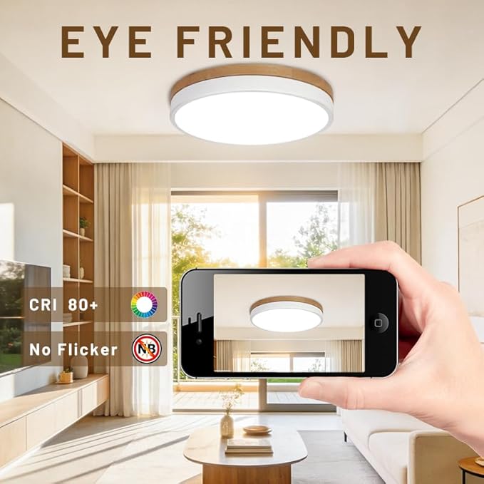 11.8 inch Wood Led Flush Mount Ceiling Light, Dimmable, 5CCT 3000K-6000K Selectable, 36W, 3600LM, Round Modern White Light Fixture Ceiling Mount for Bedroom, Laundry Room,Kitchen, Hallway, White