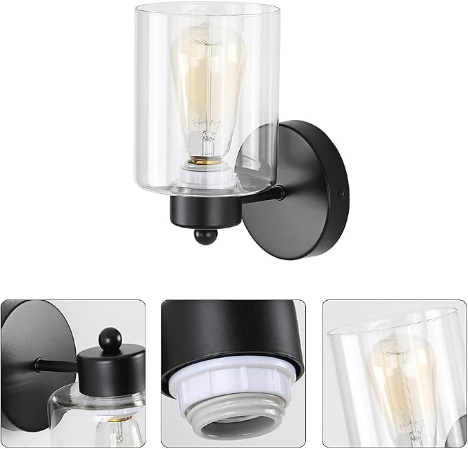 Metal Sconces Wall Lighting with Clear Glass Shade,Bathroom Black Vanity Light Matte Black Wall Sconce, Matte Black Vanity Lights for Bathroom, Modern Wall Light Fixtures