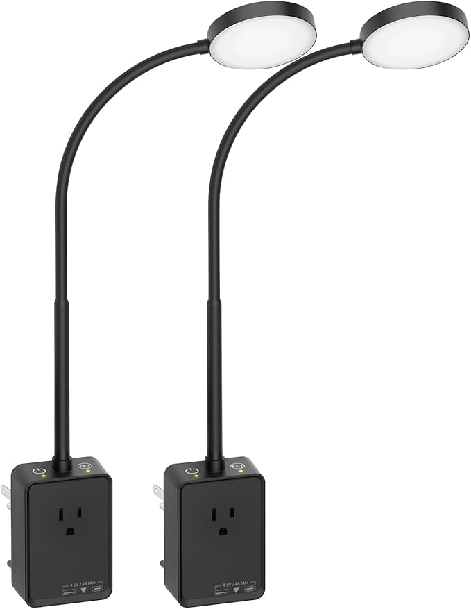 Plug in LED Wall Mounted Reading Lights, 2 Pack Black Dimmable LED Wall Lamps with Plug, Power Outlet Extender, USB Ports for Reading Working in Kitchen Bedroom, 3 Color Temperatures