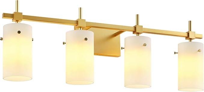 SOLFART Bathroom Light Fixtures, 4 Light Vanity Lights for Bathroom, Gold Wall Light with Milky White Glass for Mirror, Living Room, Hallway, Cabinet, E26 Base (Bulbs Not Included)