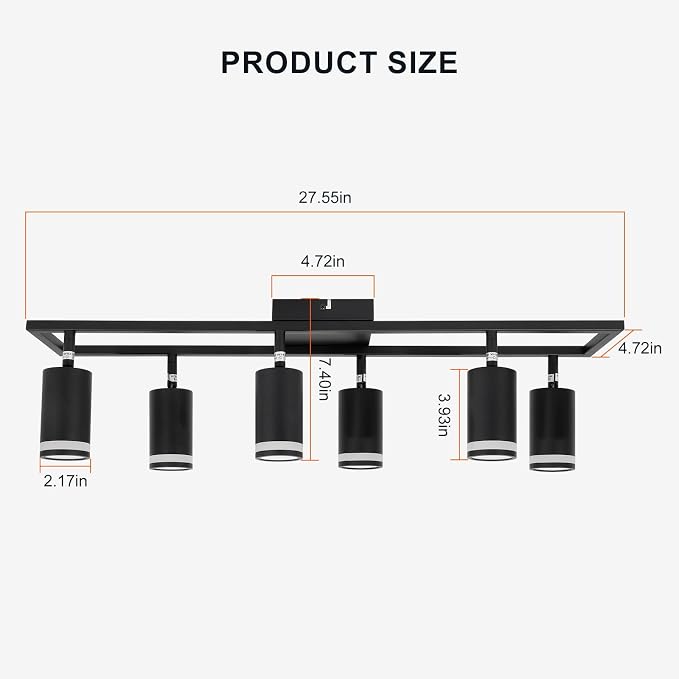 6-Light Track Lighting Fixtures Ceiling, GU10 Black Led Ceiling Spotlight | Modern Track Light Kit for Kitchen Hallway Living Room