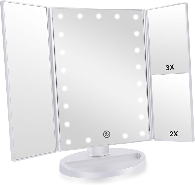 Infitrans Trifold Makeup Mirror Vanity Mirror with Lights,1X 2X 3X Magnification,Touch Control,Adjustable Rotation,Dual Power Supply,Portable Travel Cosmetic Mirror,Birthday Gifts for Women,Teengirls
