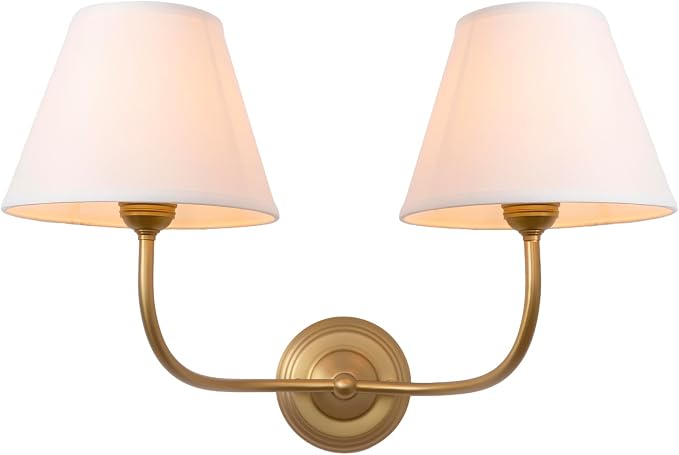 Vintage 2-Lights Fabric Sconces Wall Lighting with White Cloth Shade, Double Arm Wall Lamp Fixture for Living Room Bathroom Bedroom Hallway