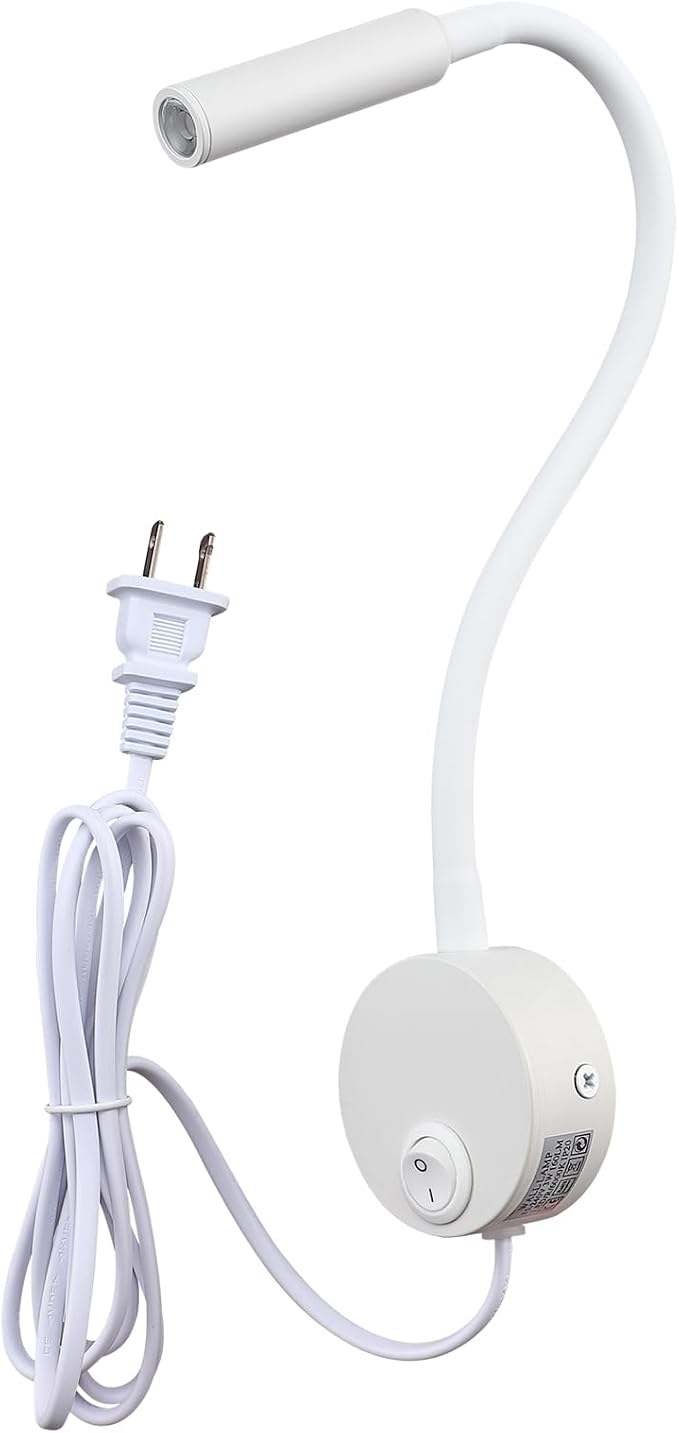 White Wall Light Bedside Reading Light, 25° Focused Beam 3000K Warm White Gooseneck Lamp for Bed Headboard, Wooden Board Mounted Sconce, 4.92ft Plug-in Cord, AC 85-265V