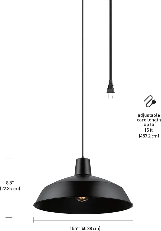 Globe Electric 65151 1-Light Plug-in Pendant Lighting, Matte Black, 15ft Cord, in-Line On/Off Switch, Adjustable Height, Hanging Ceiling Light for Apartments and Rental, Home Decor, Vintage