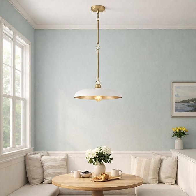 Hinkley Sadie 18" Medium Dome Pendant, Chalk White with Lacquered Brass | Two Tone Saucer Chandelier, Includes (5) 7" Downrods, Needs a Med. LED Bulb, Adjustable Height, Dining Room, Kitchen