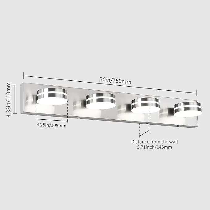 LED Modern Bathroom Lights Fixtures 4 Light 30in Brushed Nickel | Vanity Lights for Bathroom Over Mirror with Metal Acrylic, 5CCT Lighting Modes Dimmable 360°Rotate, for Dressing Room Cabinet
