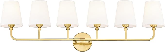 6-Light Brushed Gold Bathroom Vanity Light, White Fabric Shades | Ideal for 48-64" mirrors, 42" bathroom light fixtures over mirror, upward only, E26 base, bulbs not included, VL837-BG-6