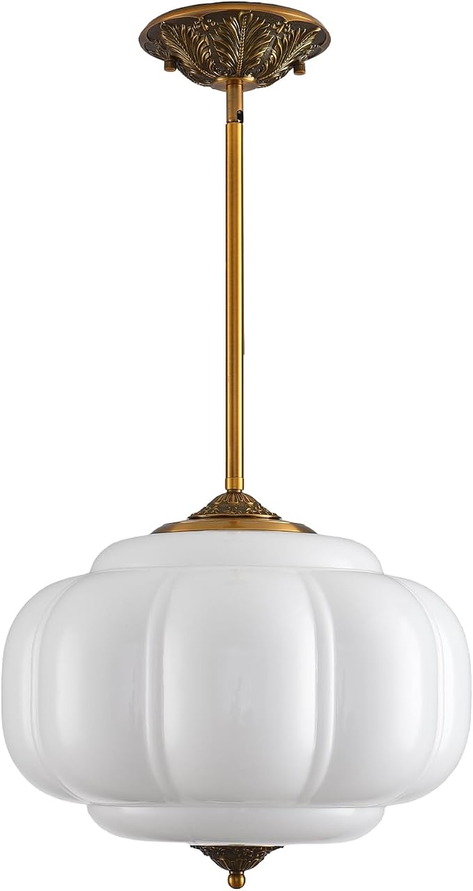 LOUSACE 15 in White Milk Glass Ceiling Light Fixture, Semi Flush Mount Vintage Milk Glass Pendant Light for Kitchen Island Hallway Bedroom Dining Room, LED Bulb Included