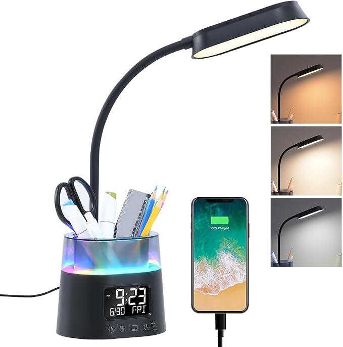 WILIT LED Kids Desk Lamp, Dimmable Study Lamp for Home Office Desk Accessories, with Pen Holder & Clock, USB Charging Port, RGB Night Light, Bedroom & College Dorm Room Essentials for Girls - Black