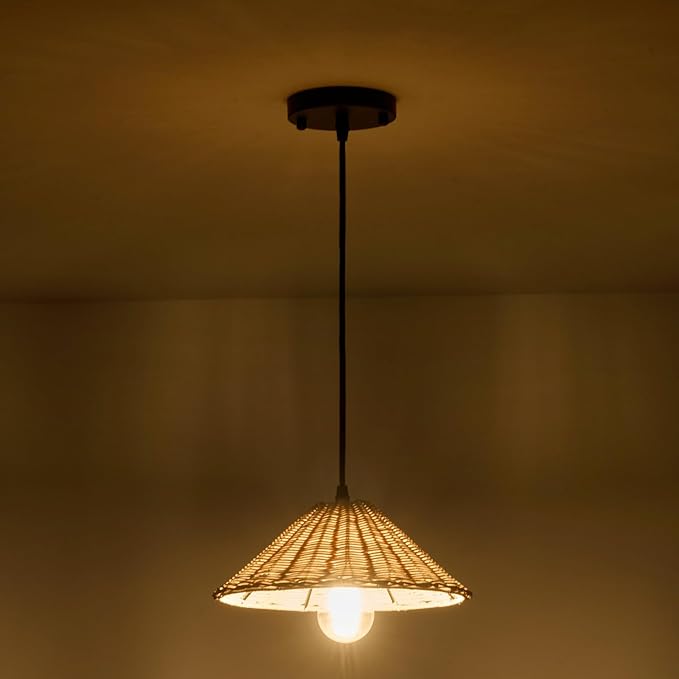 Hard Wired Rattan Pendant Lights Set of 2,Farmhouse Coastal Woven Wicker Ceiling Light with 10.65” Cone Shade, Boho Wired Mounted Hanging Chandelier for Bedroom Dining Room Kitchen Island
