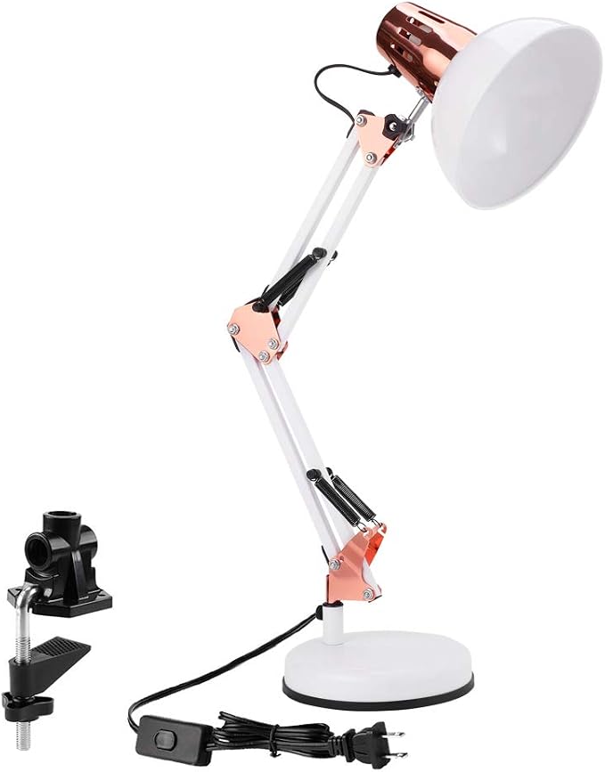 PowerKing Metal Swing Arm Desk Lamps with Base & Clamp, White Rose Gold | Adjustable Architect Lamp, On Off Switch, Fits E26 E27 Bulbs, Eye-Caring Reading Light, for Home Office Work Study