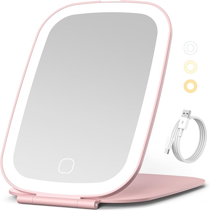 NEZZOE Rechargeable Travel Makeup Mirror with LED Light, 7x5 Inch, Pink | Portable Lighted Makeup Mirror, 3 Lighting Modes, Dimmable Touch Control, Foldable Compact Vanity Mirror