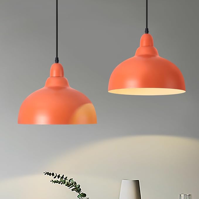 2 Pack 11.8" Orange Mid Modern Century Pendant Light ,MCM Orange Hanging Pendant Lights,Light Kitchen Island Dome Pendant Light, Modern Pendant Lights Dome Chandelier for Kitchen Island Dining Room