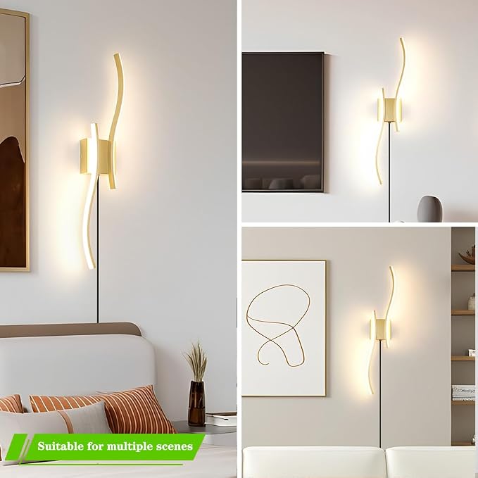 Daunton Modern Plug in Wall Sconce Set of 2, Gold Dimmable LED Wall Light with Remote Control, 3CCT Adjustable & Memory Function, Timer, Plug in Cord Wall Lamp for TV Wall Living Room Hallway Bedroom