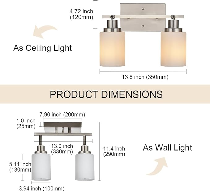 2-Light Track Light Fixtures Wall Sconce Lighting, Brushed Nickel Spotlight for Kitchen Living Room Dining Room Hallway, E26 Bulb Base