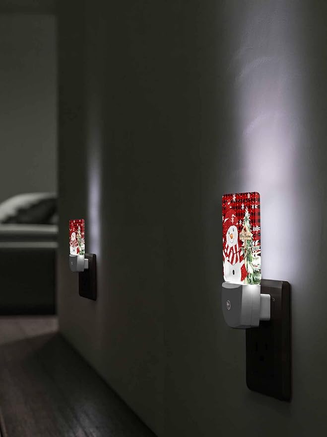 Christmas Night Lights Plug into Wall LED Night Light Snowman Snowflakes Winter Christmas Tree Plaid Automatic Dimmable Dusk-to-Dawn Square Shaped Smart Nightlight for Bathroom/Bedroom