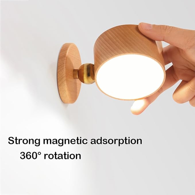 LANDGOO Battery Operated Wall Sconce Bedside Lamp, Wooden Magnetic Wall Light Dimmable, 360° Adjustable Angle, Rechargeable Cordless Lamp for Picture, Bedroom, Hallway (Beech Wood 2PCS)