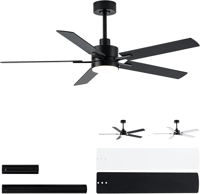 LANMEL Metal Ceiling Fan with Lights and Remote, 52 Inch, Black | Modern Low Profile Flush Mount, Reversible, 3CCT Dimmable, Quiet, LED, For Bedroom, Living Room, Indoor/Outdoor Patio Use