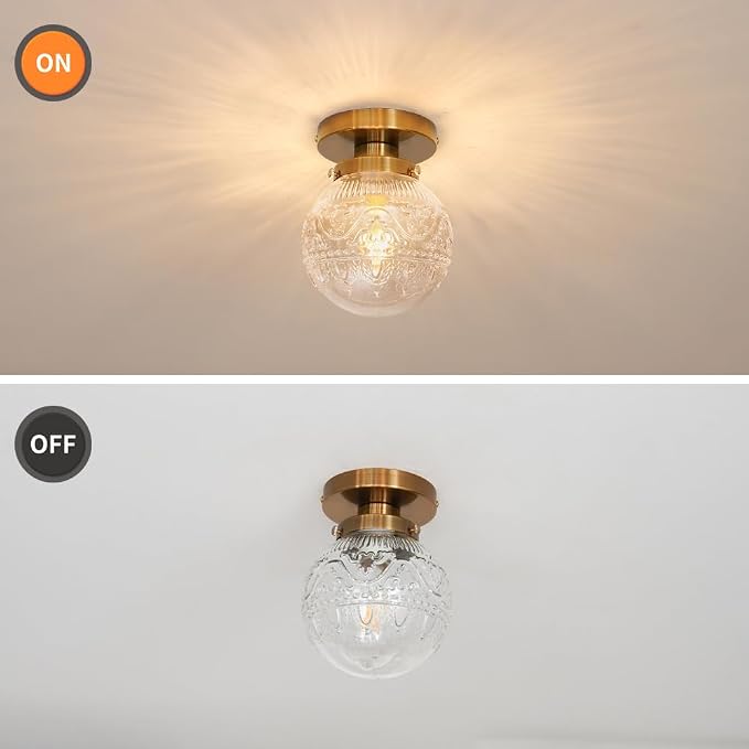 Daunton Small Semi Flush Mount Ceiling Light, Modern Globe Clear Glass Ceiling Light Fixture, Vintage Brass Gold Hallway Light Fixtures for Kitchen, Entryway, Bathroom, Closet