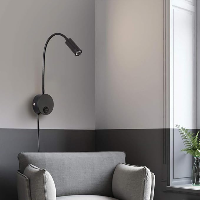 Wall Mounted Reading Light Sconces Lamp LED 3W Warm White 3000K Plug Cord Black Finished 1 Piece