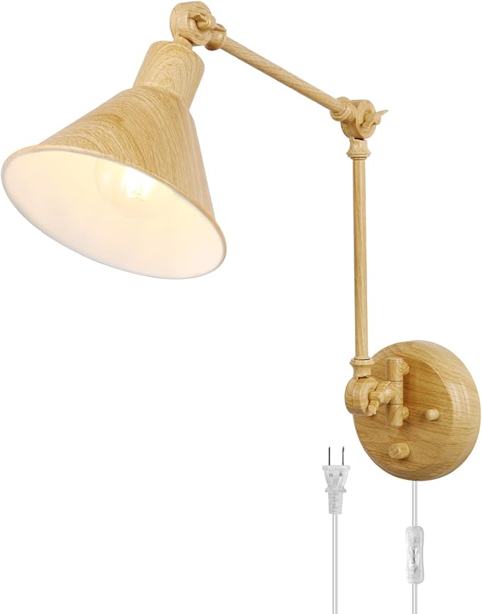 TRLIFE Wall Sconce Plug in, Dimmable Wall Sconce with Switch Swing Arm Wall Lights Plug in Wall Light Wall Sconces Lighting with 6FT Plug in Cord, E26 Base(1 Pack, Oak Color)