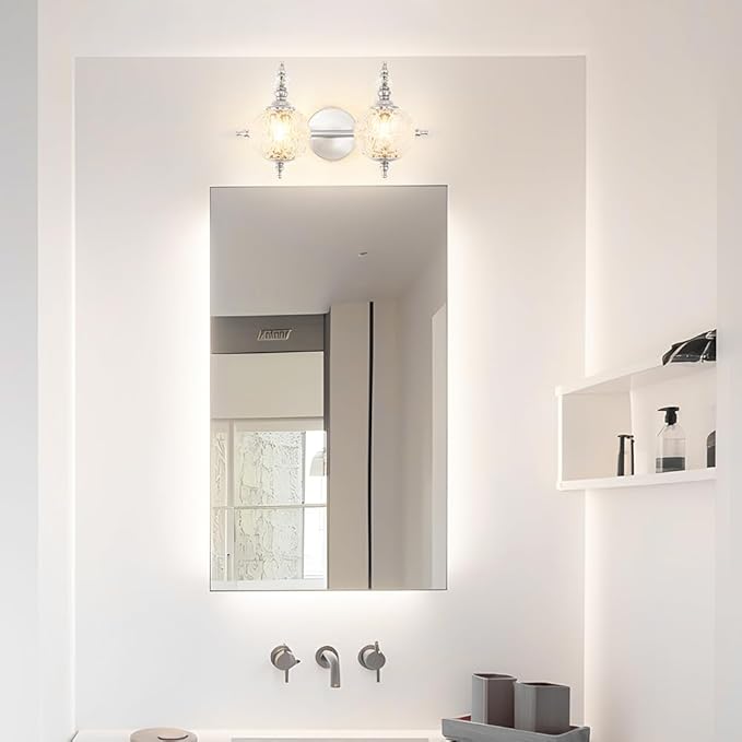 Brushed Nickel Bathroom Vanity Light Fixture Vintage Style - 2 Light G9 Bulb Compatible, 17" Wide Bathroom Lighting Over Mirror with Hand-Etched Glass Shades, Easy Mount for Makeup Area