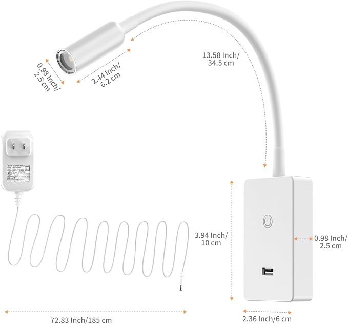 LED Wall Mounted Bedside Reading Light with Wireless Remote Control, White Flexible LED Bedroom Wall Spot Lamp, Dimmable Neutral White 4000K Lighting, Timer Function, 5V2A USB Output