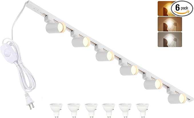 3-Color Plug in Track Lighting with Power Cord, 6-Light GU10 Dimmable Track Lighting Kit with Track Rail, Kitchen LED Track Lighting Fixtures Ceiling Wall Spot Light, 13FT Plug Cord, White