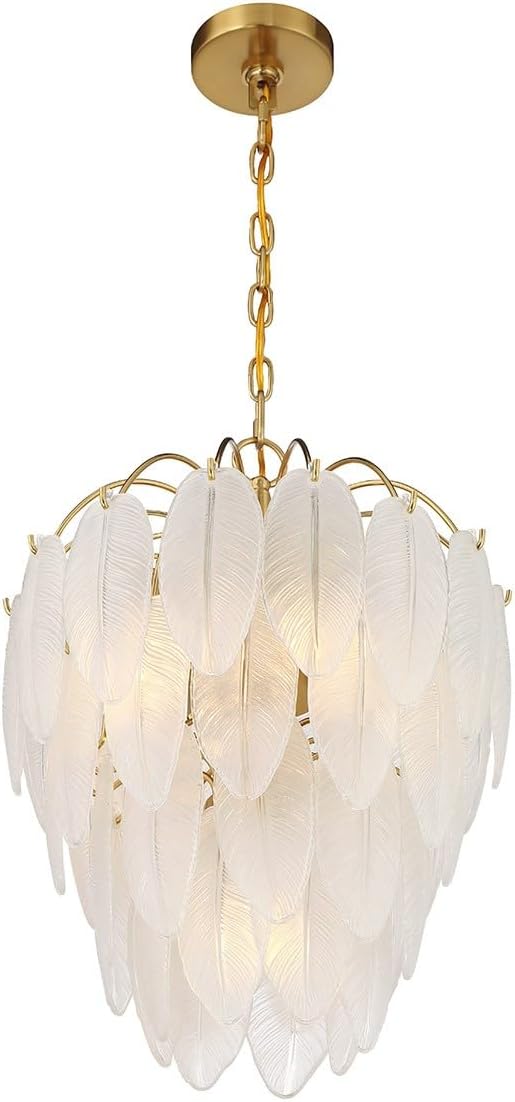 Savoy House 1-3507-5-322 Boa Breegan Jane Designed Mid-Century Bohemian Clear Frosted Glass Feather Chandelier, 5-Light 300 Total Watts, 22" H x 16" W, Warm Brass