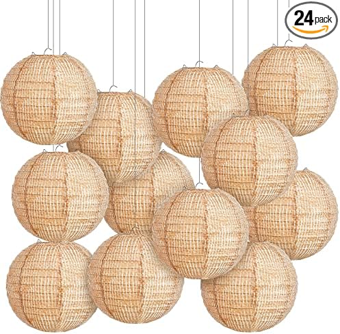 Hortsun 24 Pcs Print Burlap Paper Lanterns Round Chinese Paper Lanterns Farmhouse Boho Classroom Decor Home Sweet Classroom Birthday Party Ceremonial Event (8 Inch)