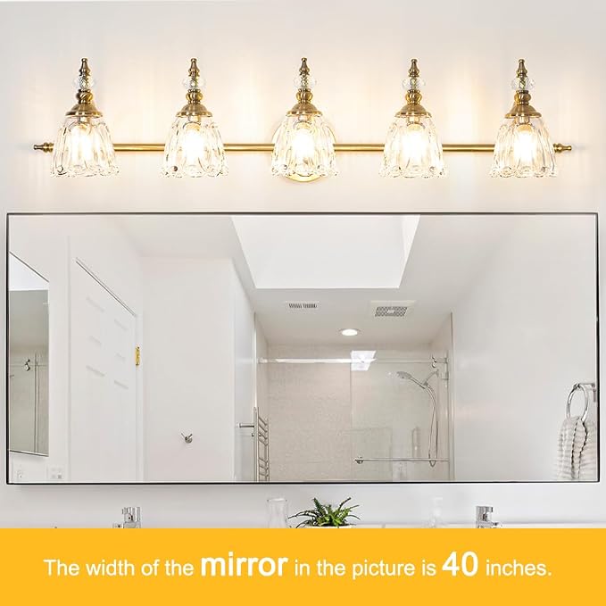 Brushed Antigue Brass Bathroom Light Fixtures, 5 Lights Vanity Light with Flower Glass Shade, Bathroom Vanity Light Over Mirror, Vintage Sconces Wall Lighting for Hallway Livingroom Bedroom